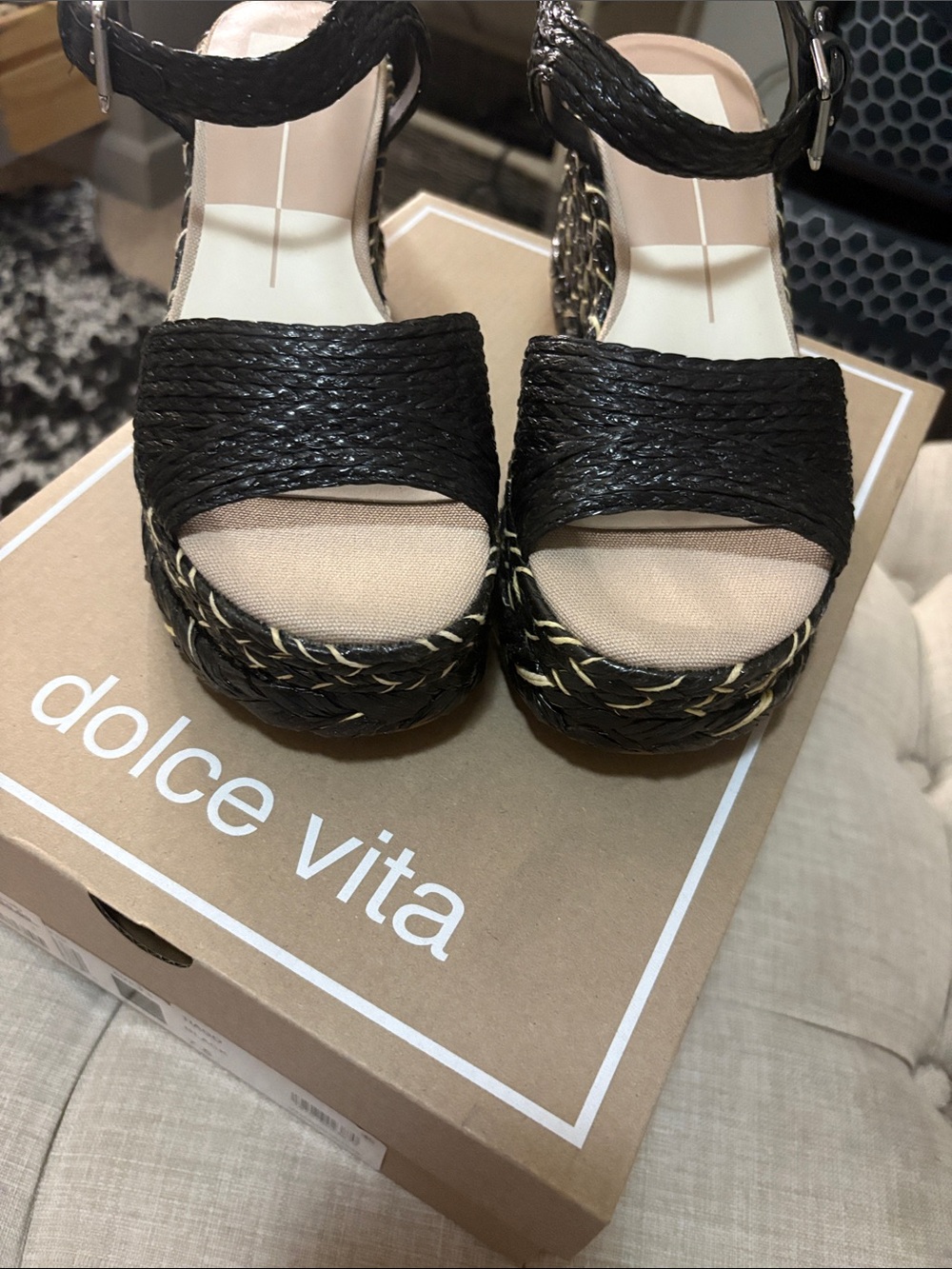 Dolce Vita Black Woven Tiago Platform Sandals with Ankle Strap